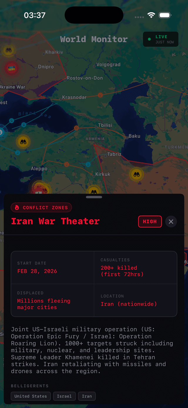 World Monitor iPhone app – Conflict Detail view with casualty data