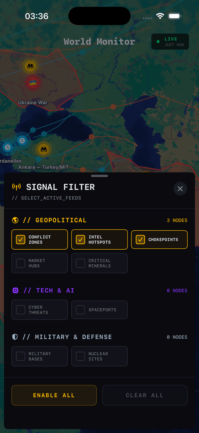 World Monitor iPhone – Filtro de señal para eventos geopolíticos