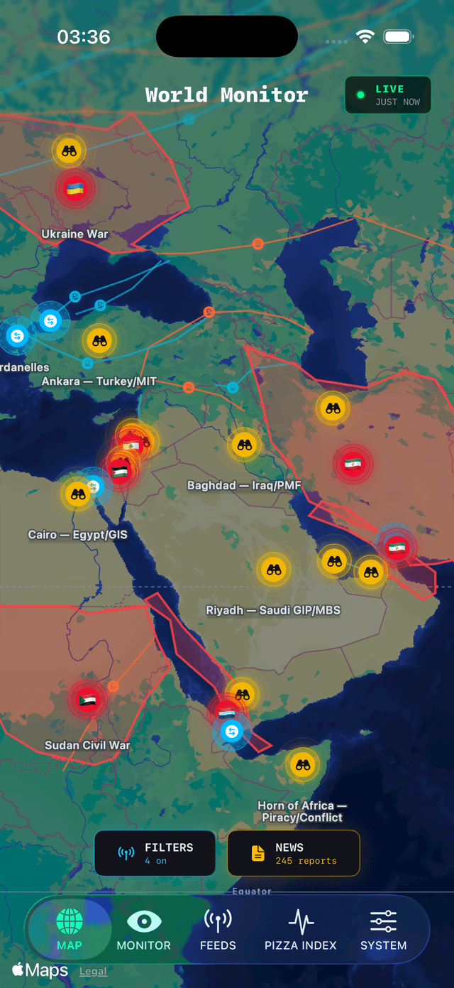 World Monitor iPhone app – Live World Map showing conflict zones