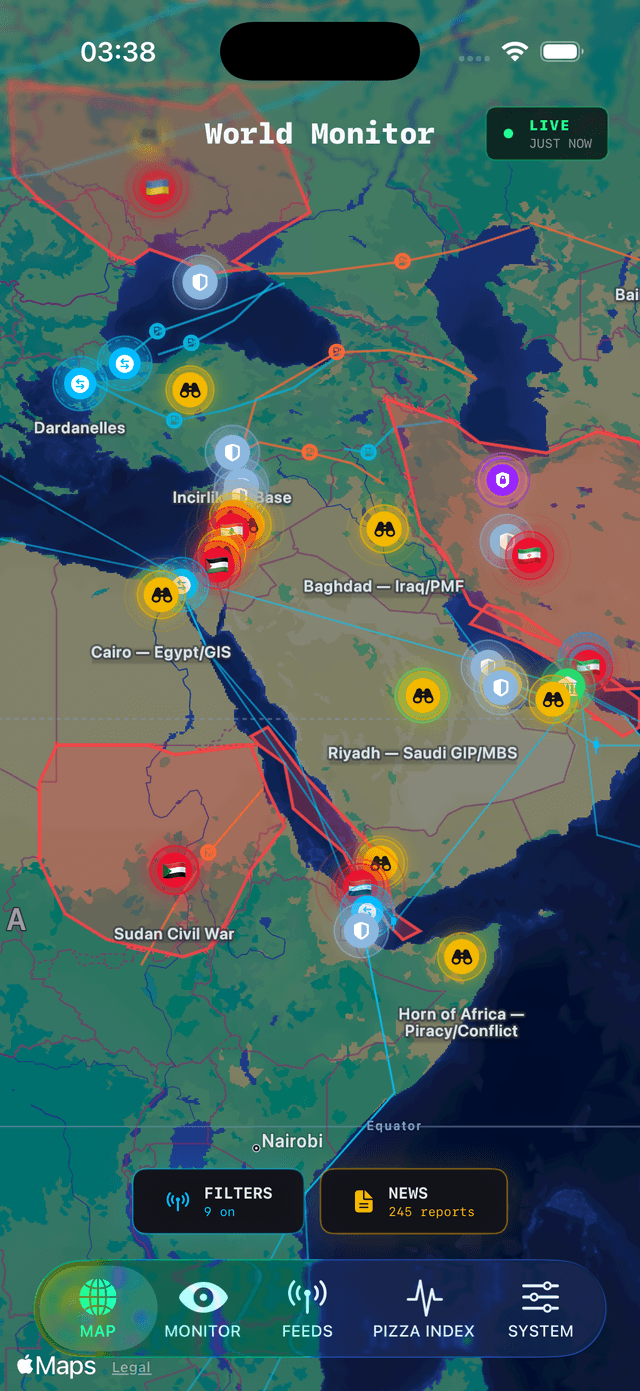 World Monitor iPad – Vista regional puntos calientes África y Oriente Medio